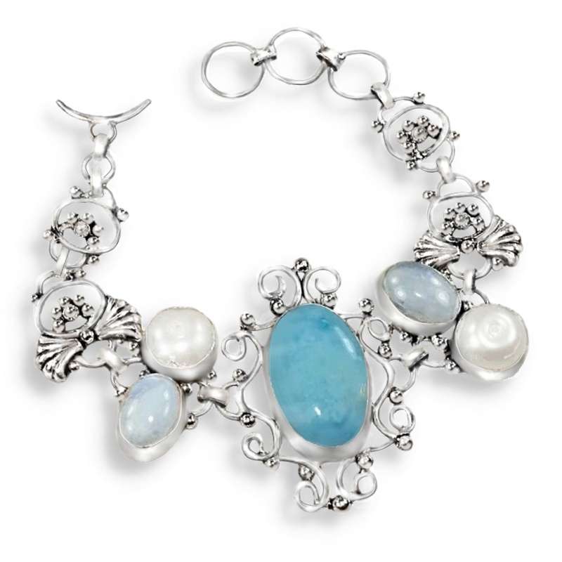 Natural Larimar, Pearl and Moonstone Gemstones in .925 Sterling Silver Plated Handmade Bracelet