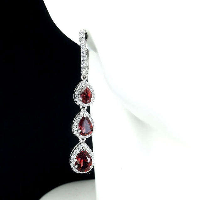 Natural Unheated Garnet Pear Gemstones set in Solid .925 Sterling Silver 14K White Gold Stud Earring