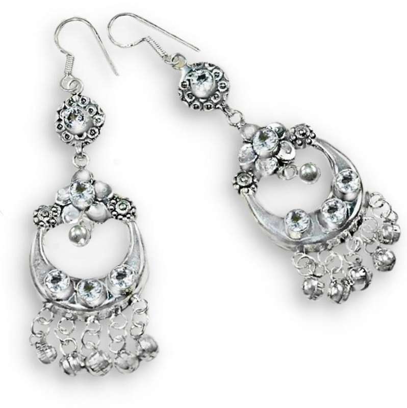 Nepali Exotic Sparkle White Topaz Gemstone .925 Sterling Silver Plated Chandelier Earrings