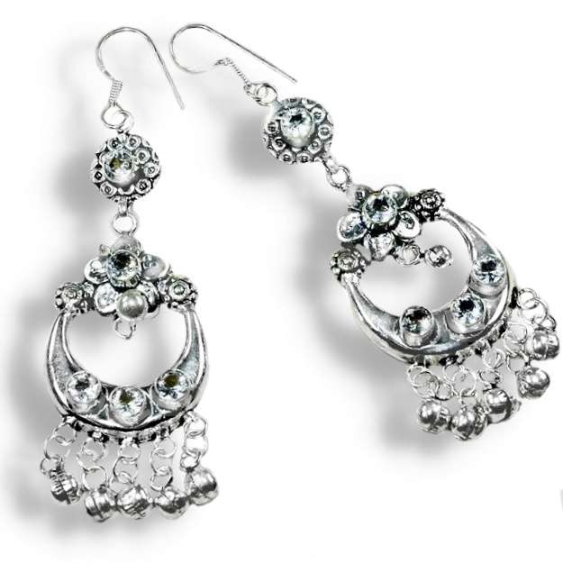 Nepali Exotic Sparkle White Topaz Gemstone .925 Sterling Silver Plated Chandelier Earrings