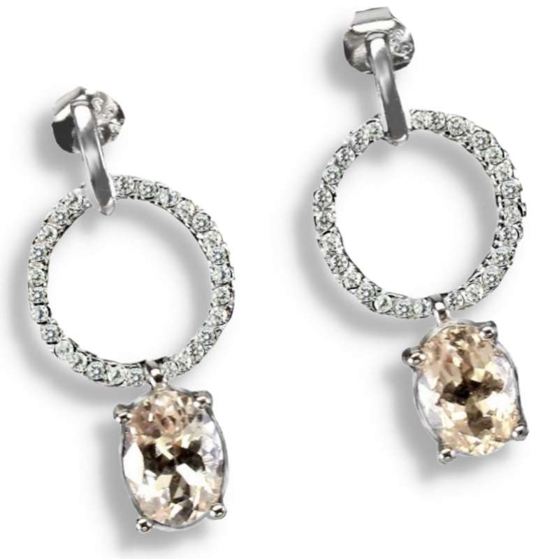 Deluxe Natural Unheated Morganite and White Cubic Zirconia in Solid .925 Sterling Silver Earrings