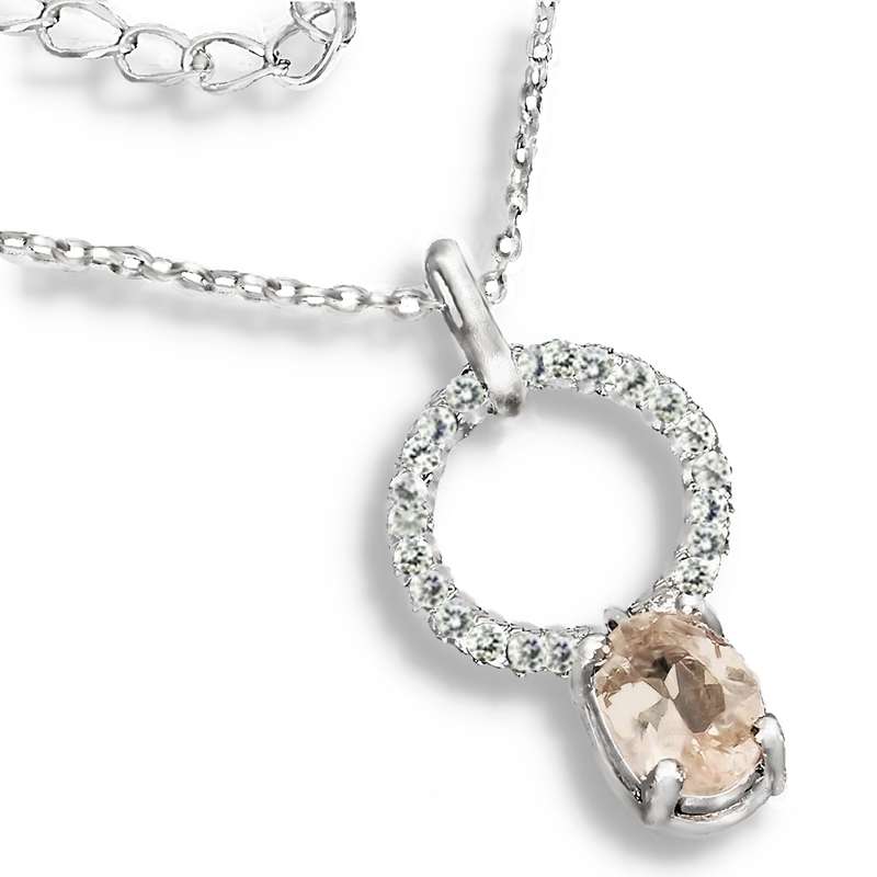 Deluxe Natural Unheated Morganite and White Cubic Zirconia Solid .925 Sterling Silver Necklace