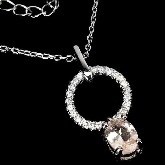Deluxe Natural Unheated Morganite and White Cubic Zirconia Solid .925 Sterling Silver Necklace