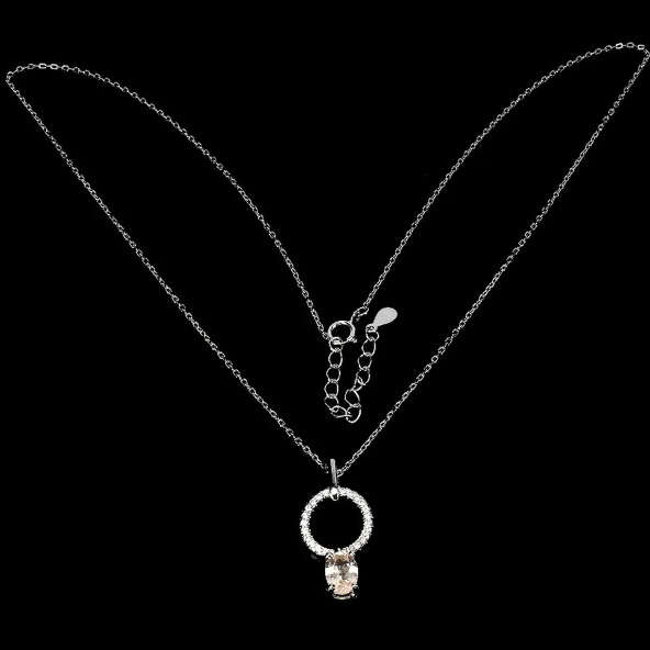 Deluxe Natural Unheated Morganite and White Cubic Zirconia Solid .925 Sterling Silver Necklace