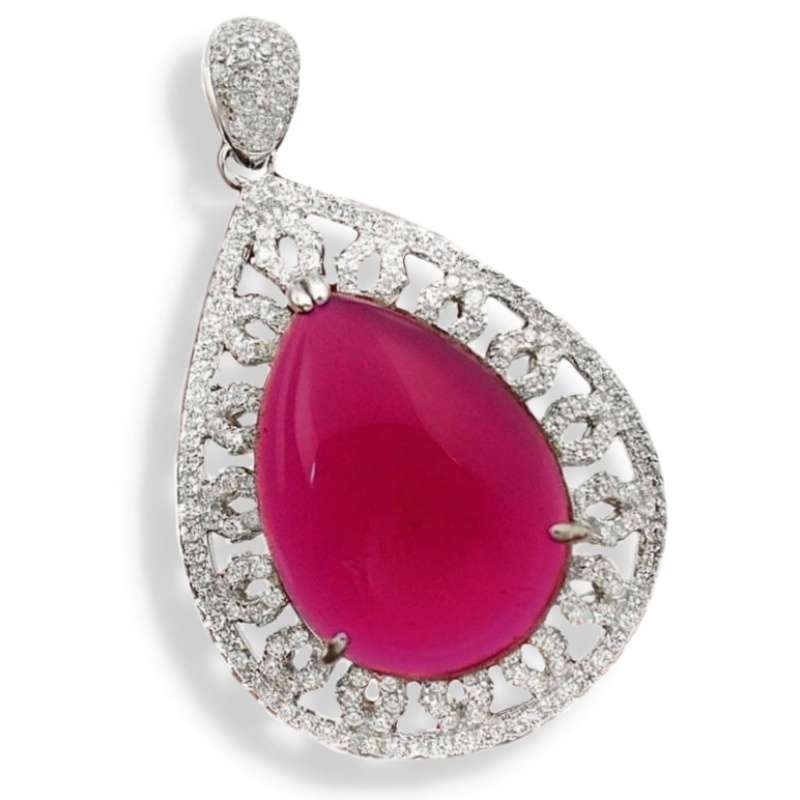 16.17 cts  Pink Red Ruby Pear & Natural White Topaz set in .925 Solid Sterling Silver Pendant