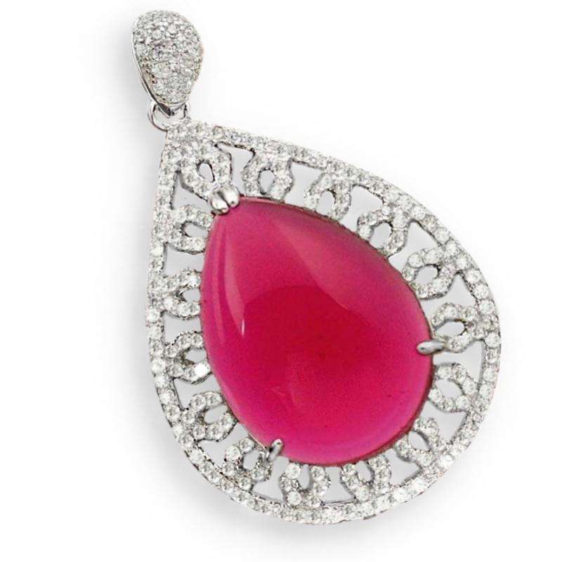 16.17 cts  Pink Red Ruby Pear & Natural White Topaz set in .925 Solid Sterling Silver Pendant