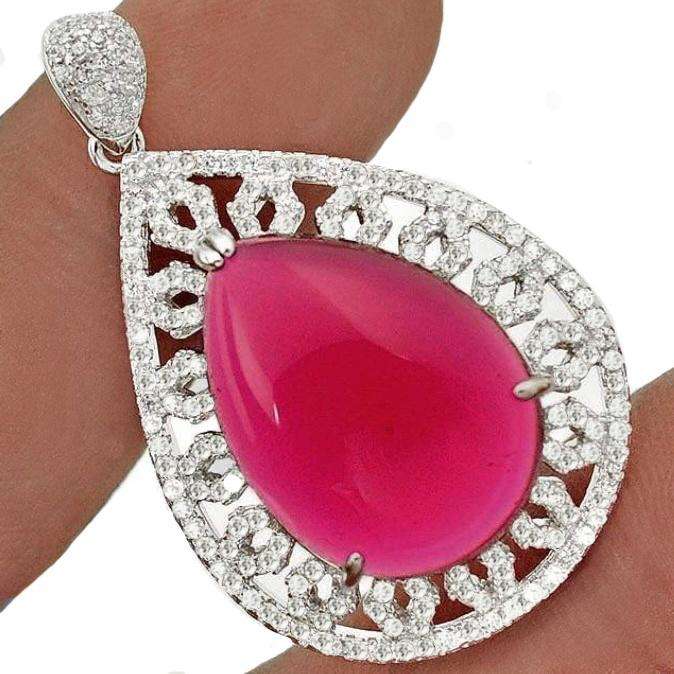 16.17 cts  Pink Red Ruby Pear & Natural White Topaz set in .925 Solid Sterling Silver Pendant