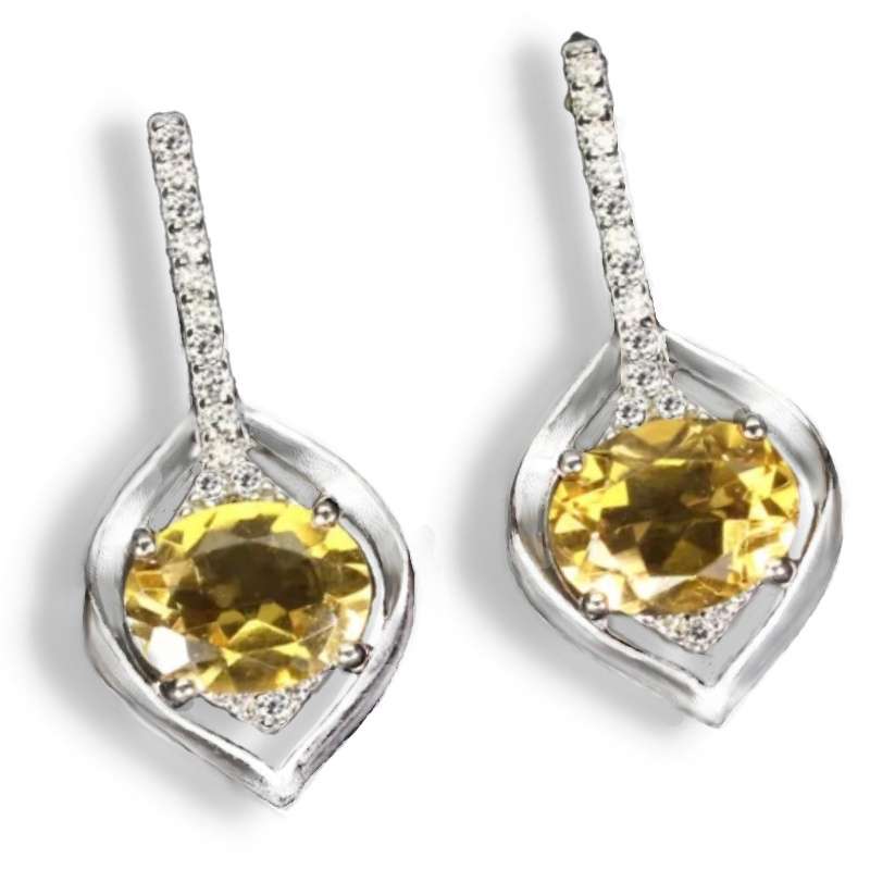 Natural Unheated Yellow Citrine 9 x 4mm AAA White Cz 925 Sterling Silver 14K White Gold Earrings