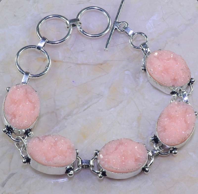 Natural Dusty Pink Agate Druzy Gemstone 925 Sterling Silver Plated Bracelet