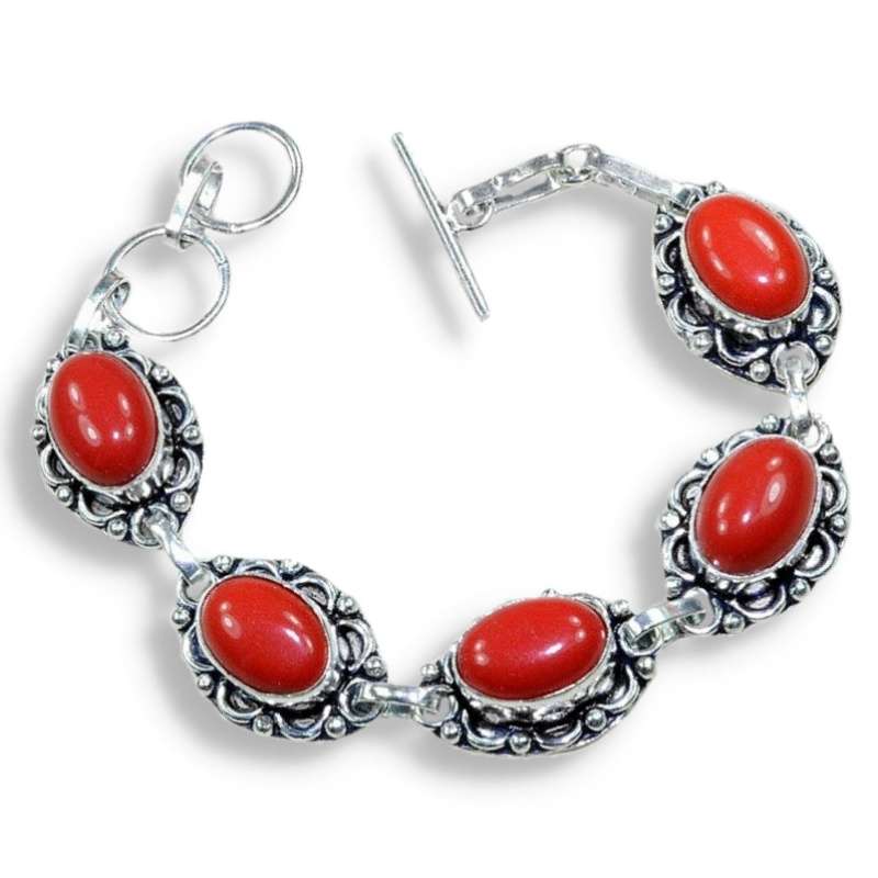 Red Coral Ovals in Antique Style set .925 Sterling Silver Plated Handmade Bracelet