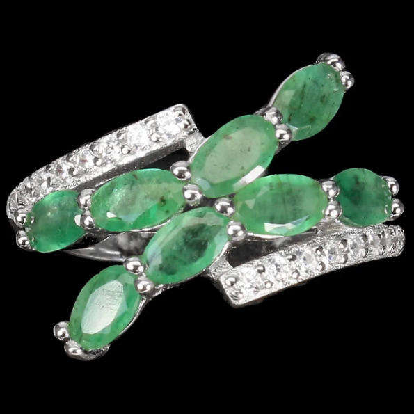 Natural Brazilian Emerald Ovals AAA White Cubic Zirconia in Solid .925 Silver 14K W/Gold Ring 7/O