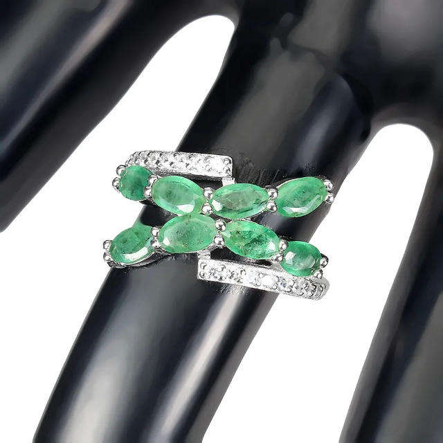 Natural Brazilian Emerald Ovals AAA White Cubic Zirconia in Solid .925 Silver 14K W/Gold Ring 7/O