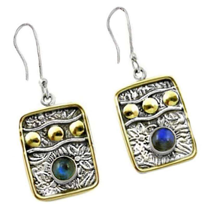 Two Tone Natural Blue Fire Labradorite Round Gems in Solid .925 Sterling Silver Rectangle Earrings