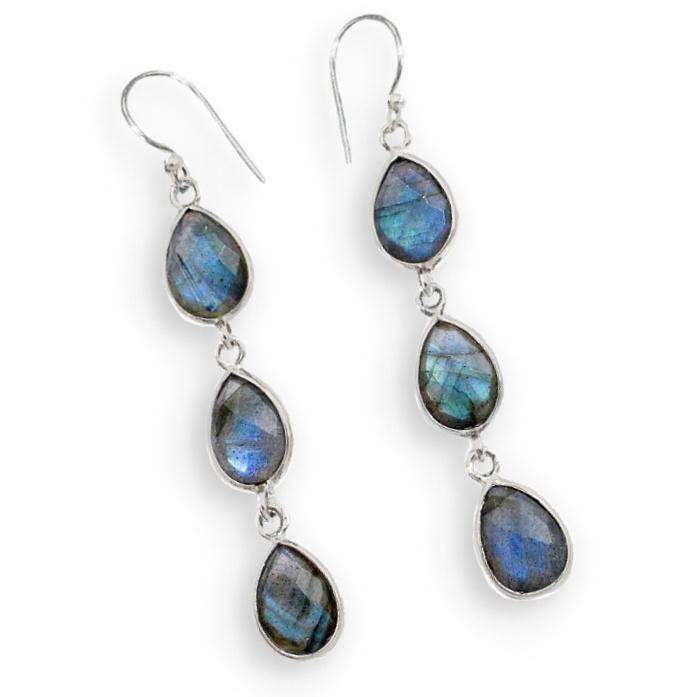 Natural Blue Fire Labradorite Three Pear Shape Drop set in Solid .925 Sterling Silver Earrings