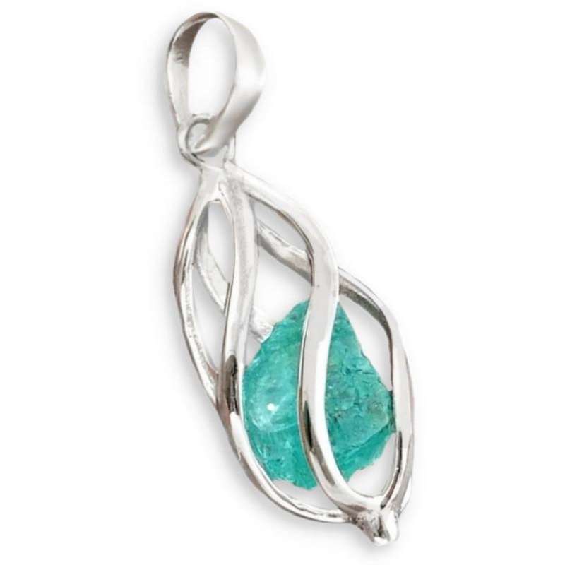Natural Neon Blue Apatite Rough set in a  Solid .925 Sterling Silver Caged Pendant