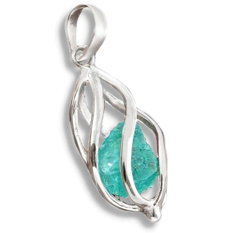 Natural Neon Blue Apatite Rough set in a  Solid .925 Sterling Silver Caged Pendant