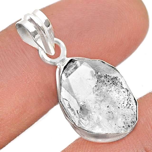 Natural Herkimer Diamond Rough Gemstone set in Solid .925 Sterling Silver Pendant