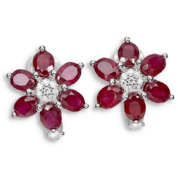 Deluxe Natural  Blood Red Ruby and White CZ Gemstone Set in Solid .925 Sterling Silver Earrings