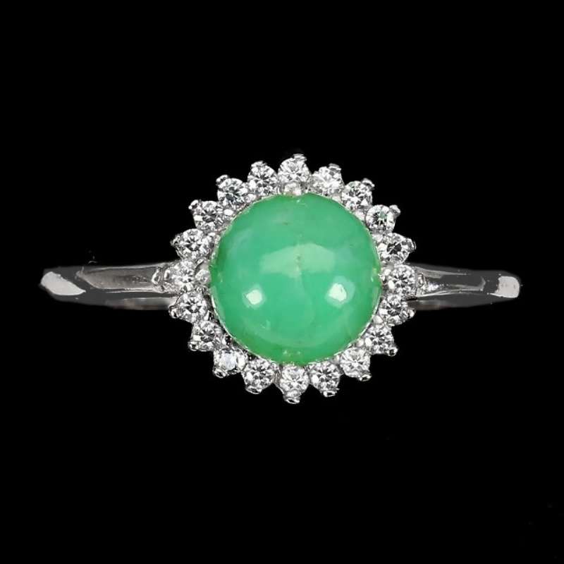 Natural Unheated Brazilian Chrysoprase and White CZ Gemstone Solid. 925 S/Silver Ring Size US 8.5