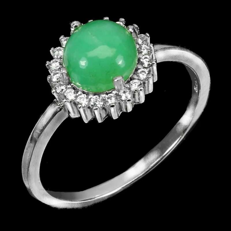 Natural Unheated Brazilian Chrysoprase and White CZ Gemstone Solid. 925 S/Silver Ring Size US 8.5