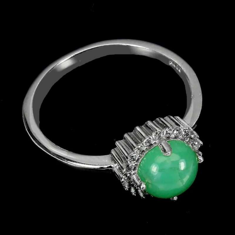 Natural Unheated Brazilian Chrysoprase and White CZ Gemstone Solid. 925 S/Silver Ring Size US 8.5