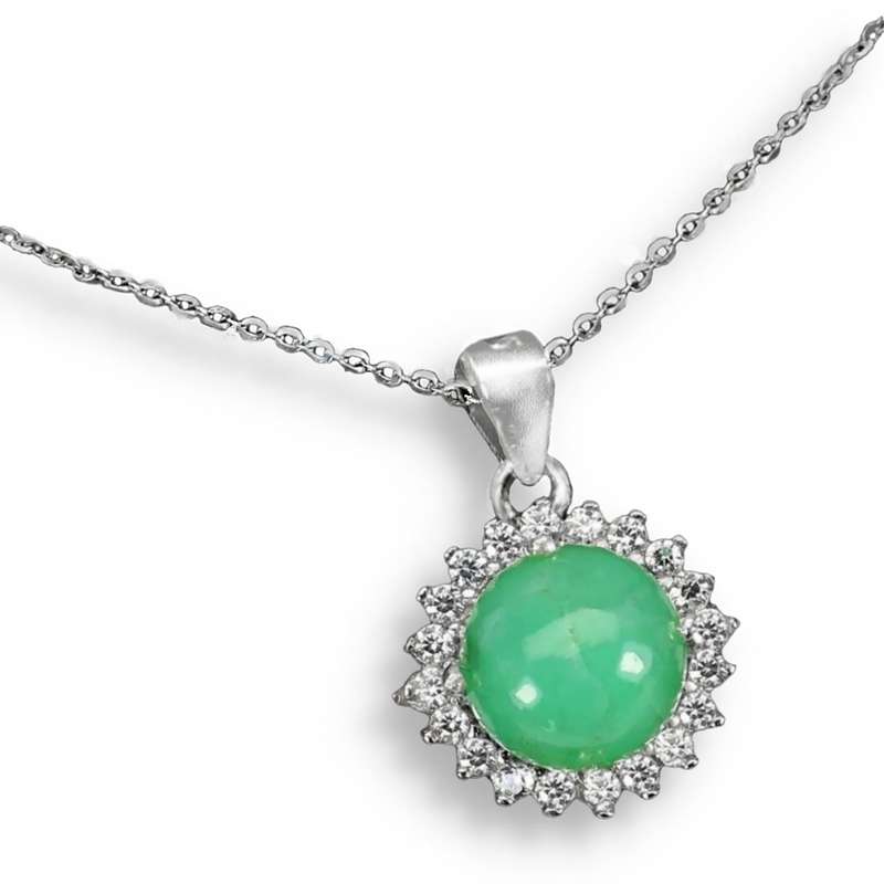 Natural Unheated Brazilian Chrysoprase & White CZ Gemstone in Solid. 925 Silver 14K White Gold Neckl