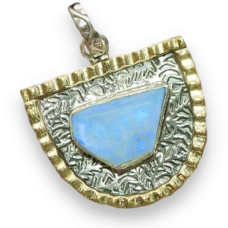 Two Tone Natural Rough Shape Rainbow Moonstone Gemstone set in Solid .925 Sterling Silver Pendant
