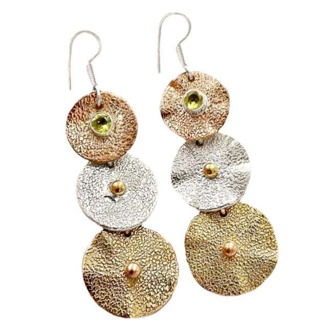 Three-Tone Natural Peridot Round Gemstone Set in Solid .925 Sterling Silver Drop Dangle Earrings