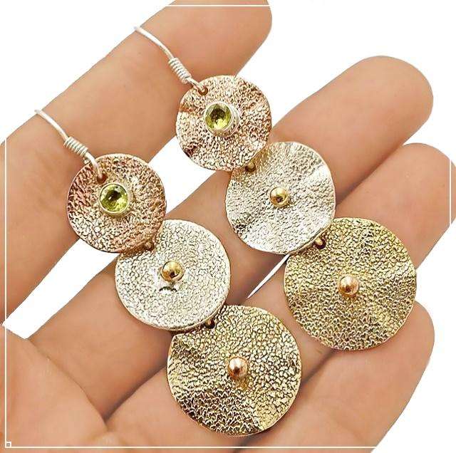 Three-Tone Natural Peridot Round Gemstone Set in Solid .925 Sterling Silver Drop Dangle Earrings