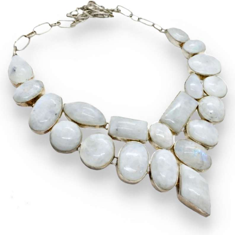 Hot Price- Breathtaking Natural Blue Schiller Mixed Shapes Moonstone.925 Sterling Silver Necklace