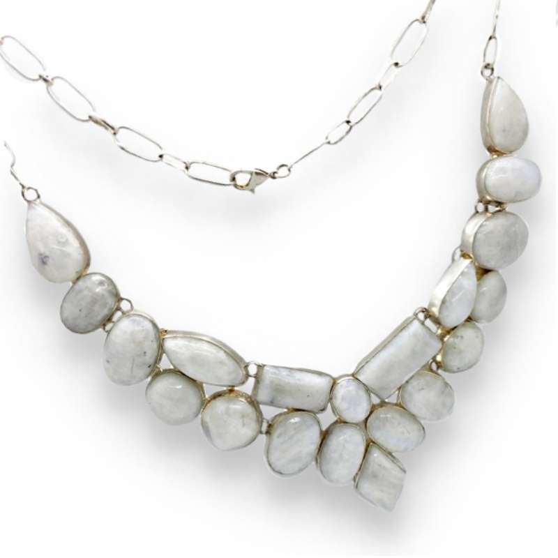 Hot Price- Breathtaking Natural Blue Schiller Mixed Shapes Moonstone.925 Sterling Silver Necklace