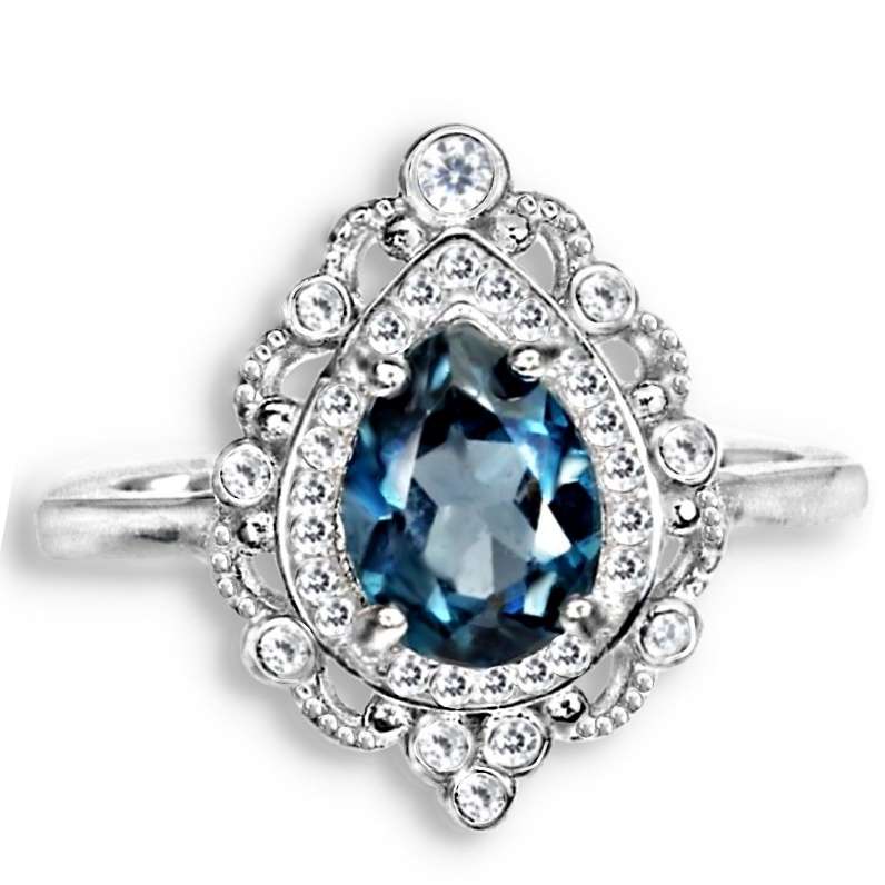 Natural London Blue Topaz White Cz in Solid  .925 Sterling Silver 14K White Gold Ring Size 8 / Q
