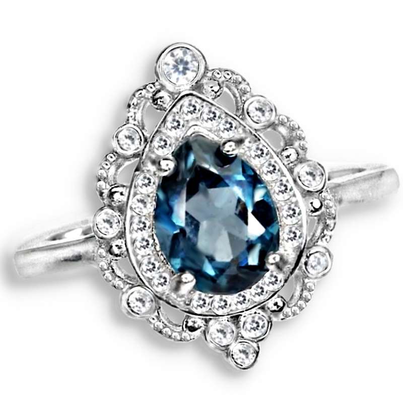 Natural London Blue Topaz White Cz in Solid  .925 Sterling Silver 14K White Gold Ring Size 8 / Q