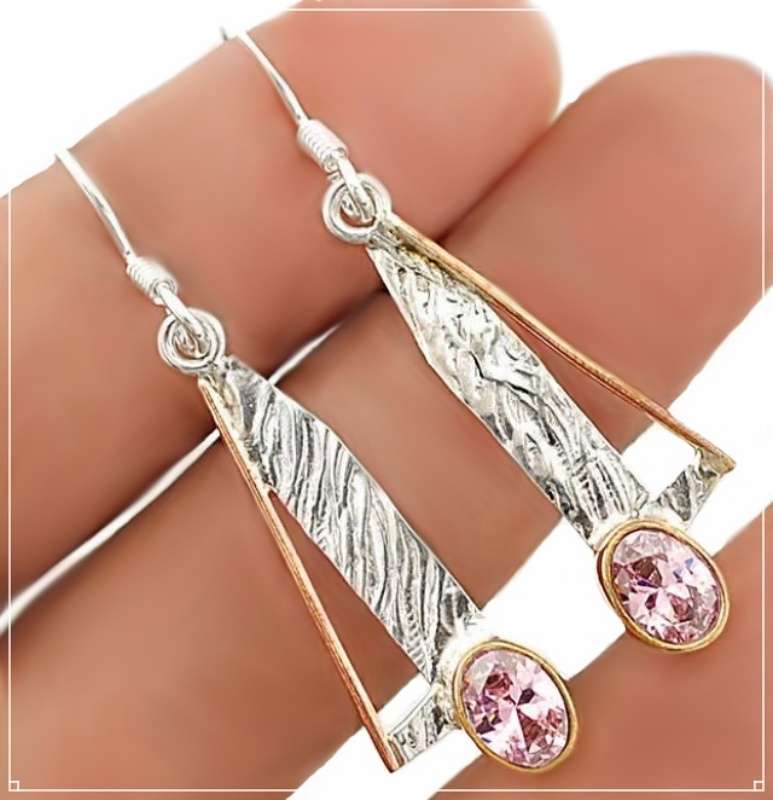 Two Tone Trendy Natural Kunzite Gemstone Solid .925 Sterling Silver Earrings