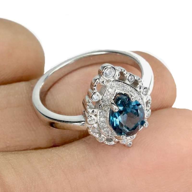 Natural London Blue Topaz White Cz in Solid  .925 Sterling Silver 14K White Gold Ring Size 8 / Q