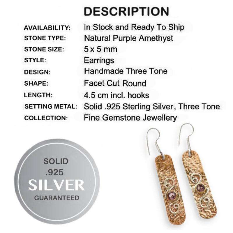Three Tone Natural Purple Amethyst Gemstone set in Solid .925 Sterling Silver Earrings