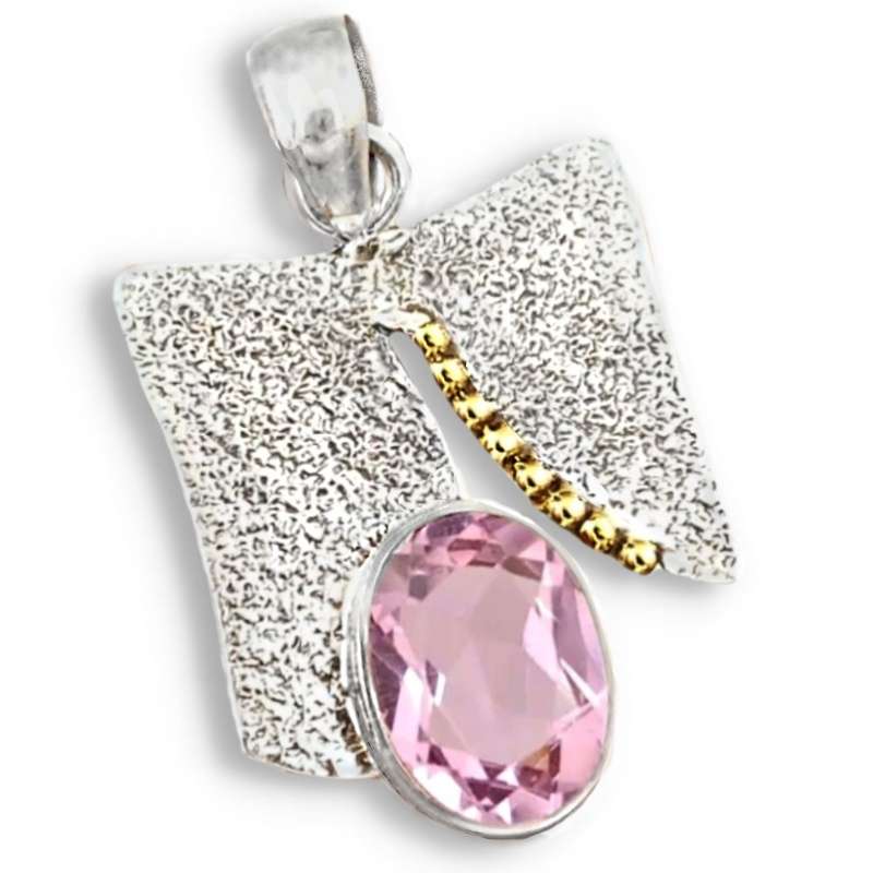 Two Tone 6 cts Pink Kunzite Facet Cut Oval  in Solid .925 Sterling Silver Modern Set Pendant