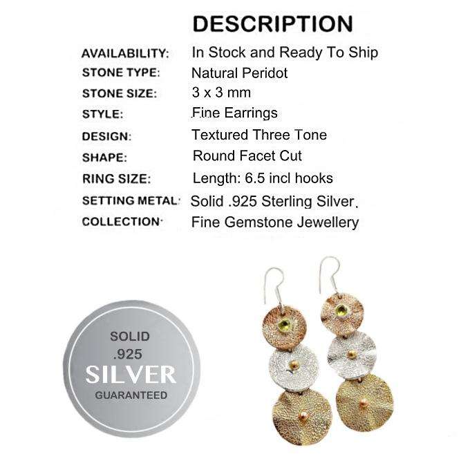 Three-Tone Natural Peridot Round Gemstone Set in Solid .925 Sterling Silver Drop Dangle Earrings