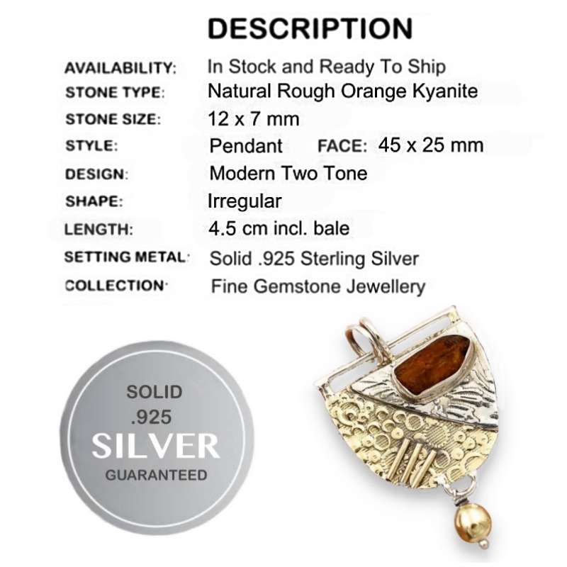 Two Tone Natural Rough Burnt Orange Kyanite set in Solid .925 Sterling Silver Pendant