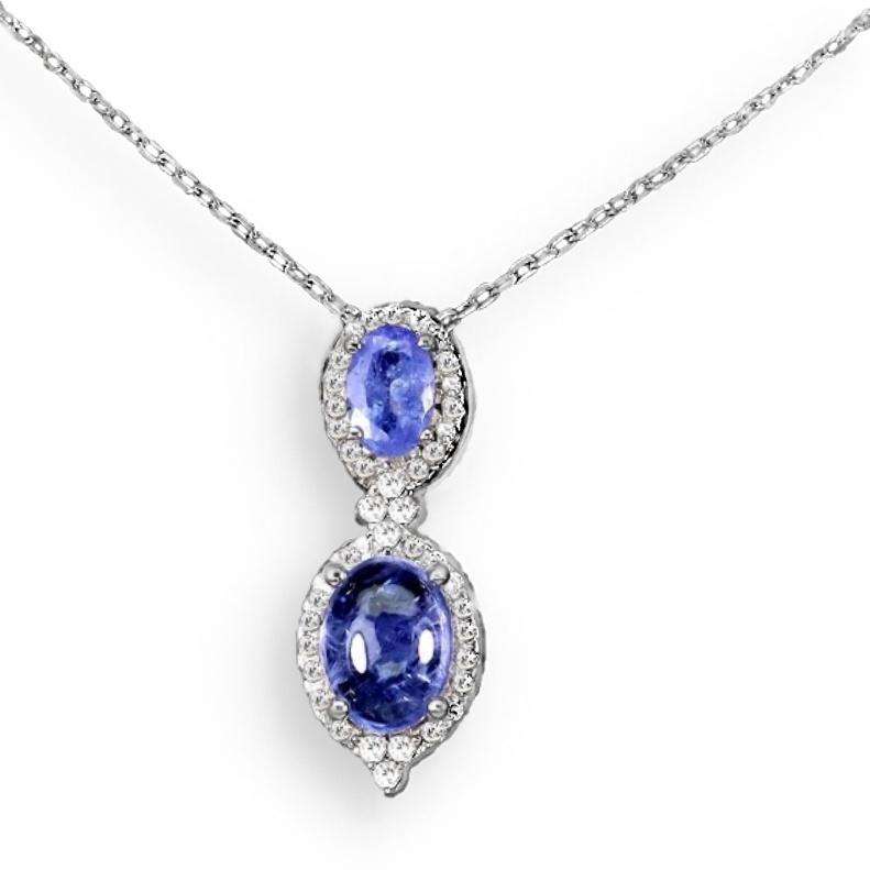 Deluxe Natural Unheated Tanzanite and White CZ Gemstone Solid .925 Silver & White Gold Necklace