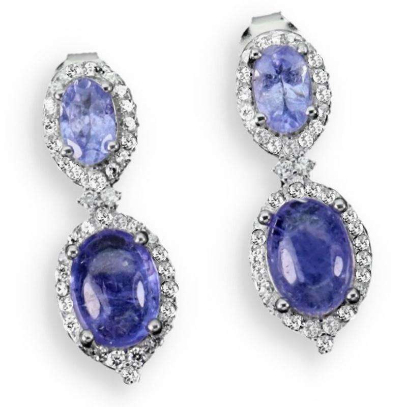 Deluxe Natural Unheated Tanzanite and White CZ Gemstone Solid .925 Silver & White Gold Earrings