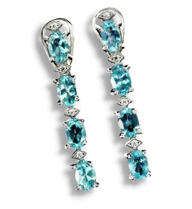 Natural Unheated Apatite, White Cubic Zirconia Gemstone Solid .925 Silver 14K White Gold Earrings