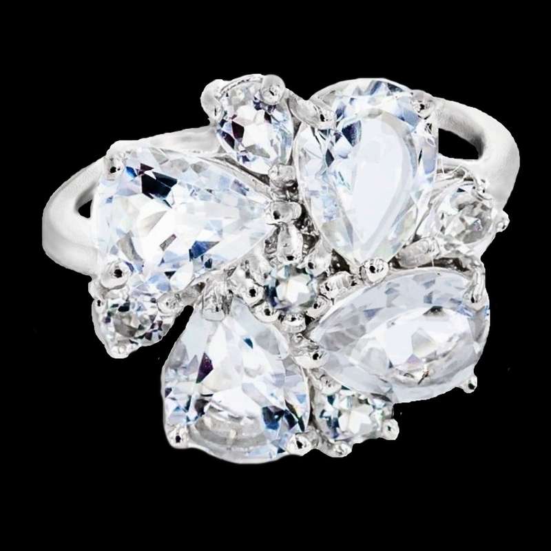 Natural White Topaz Mixed Shapes set in Solid 925 Sterling Silver 14K W_Gold Ring US 7 / O