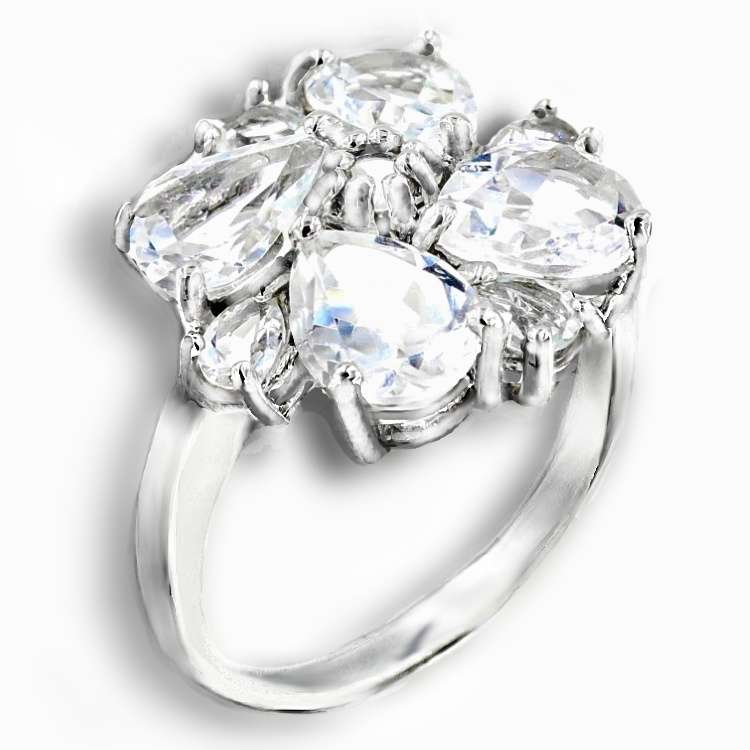 Natural White Topaz Mixed Shapes set in Solid 925 Sterling Silver 14K W_Gold Ring US 7 / O