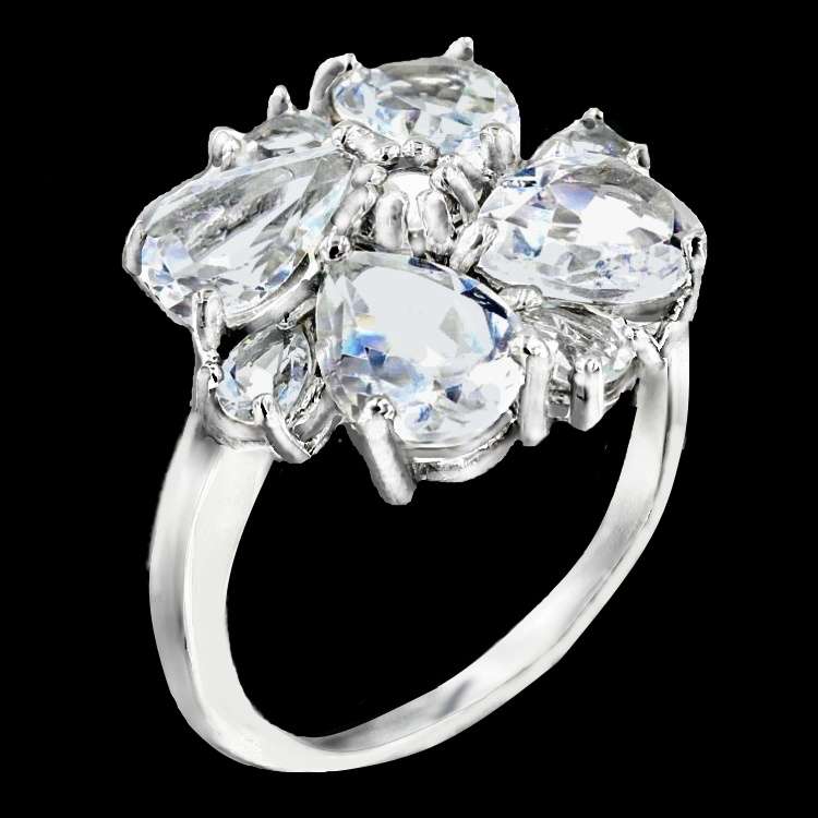 Natural White Topaz Mixed Shapes set in Solid 925 Sterling Silver 14K W_Gold Ring US 7 / O