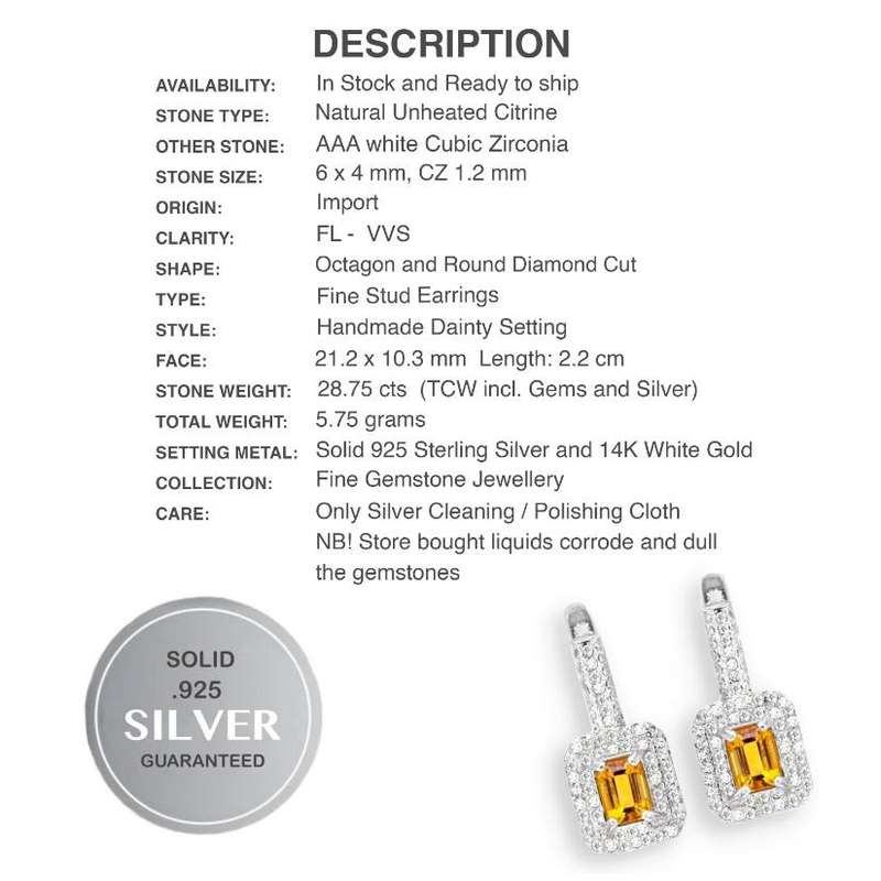 28.75 Cts Natural Madeira Citrine CZ  set in .925  Sterling Silver 14K White Gold Dainty Earrings