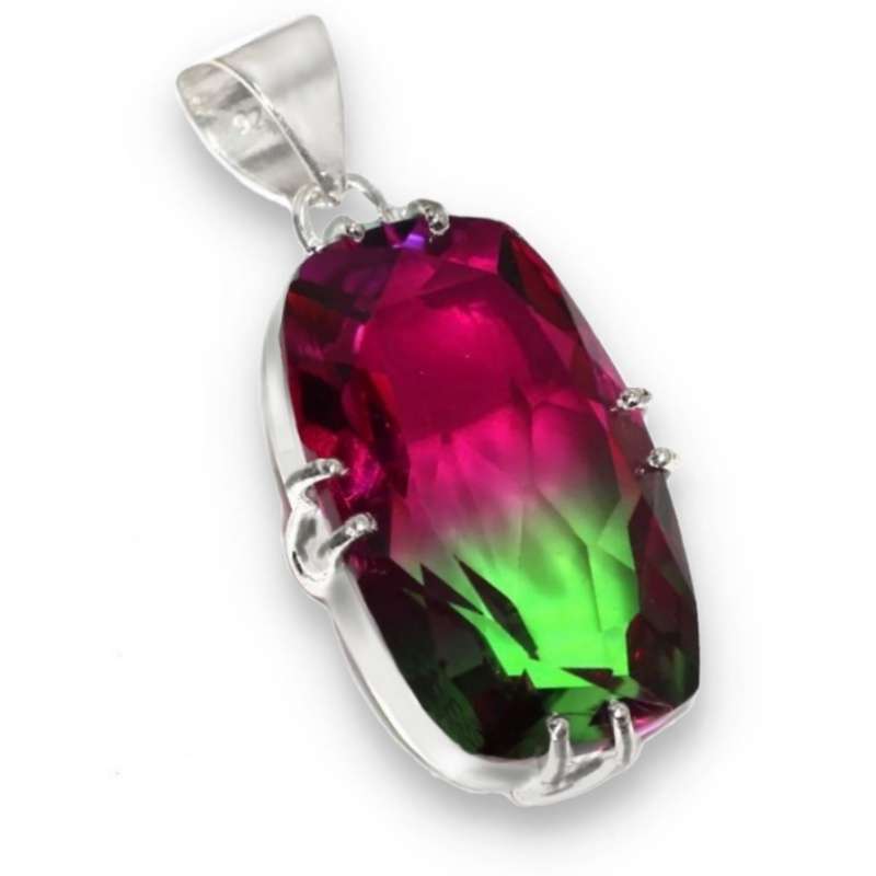 Handmade Bi-Colour Tourmaline Rectangle Shape  .925 Sterling Silver Plated Handmade Pendant