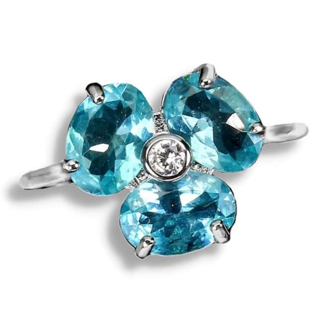 Natural Unheated Apatite, White Cubic Zirconia  Gemstone Solid .925 Silver 14K White Gold Ring Sz 7
