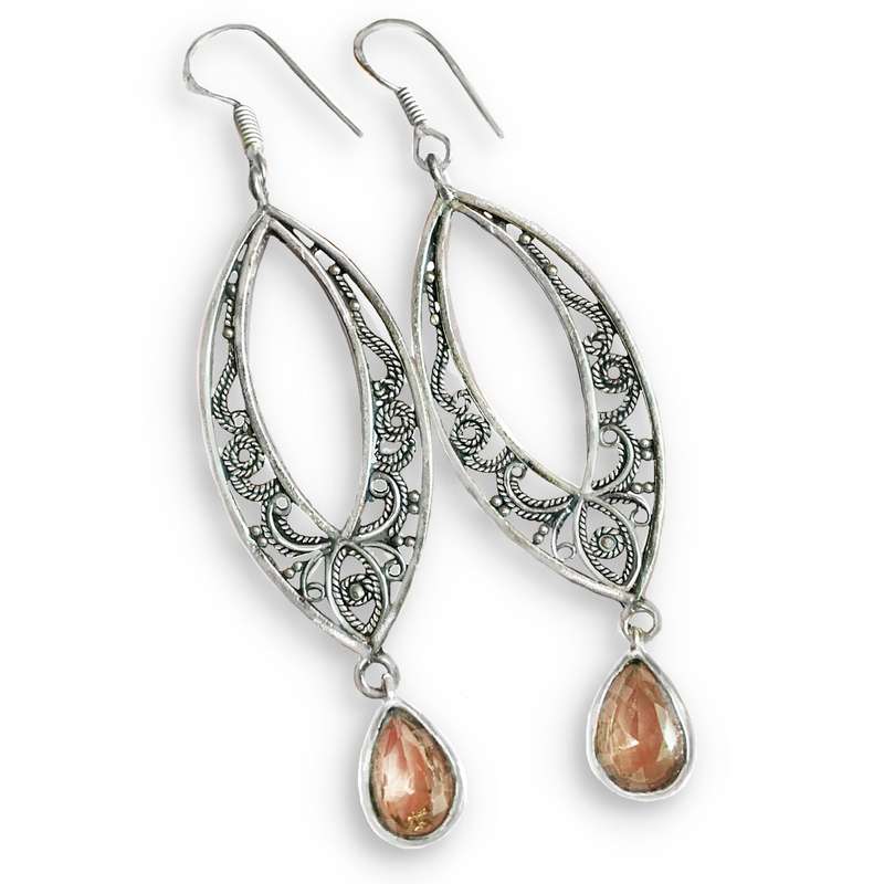 Ornate Faceted Morganite Pear Gemstone set in 925 Sterling Silver Plated  Earrings