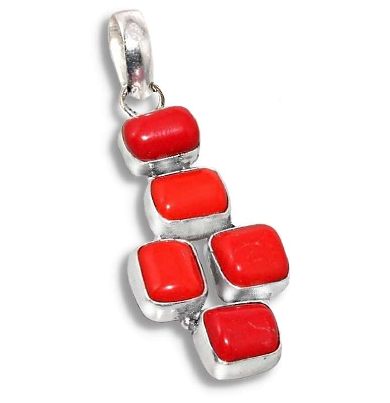 Vibrant Red Coral Oval set in .925  Sterling Silver Plated Handmade Geometric Pendant